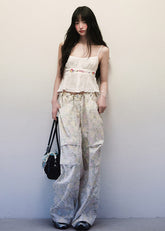 Light Green Floral Drawstring Wide Leg Pants image 3